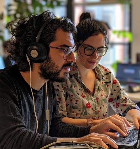 Two people collaborating at a workstation